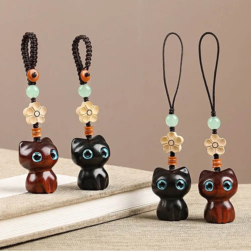 Lucky Whisker Sandalwood Cat Keychain with Beaded Charm