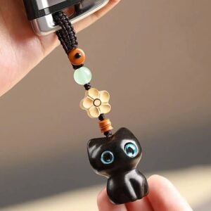 Lucky Whisker Sandalwood Cat Keychain with Beaded Flower Charm