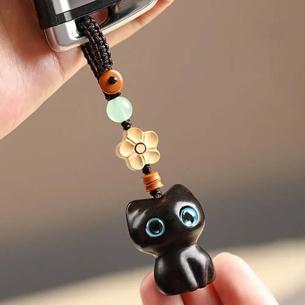 Lucky Whisker Sandalwood Cat Keychain with Beaded Flower Charm