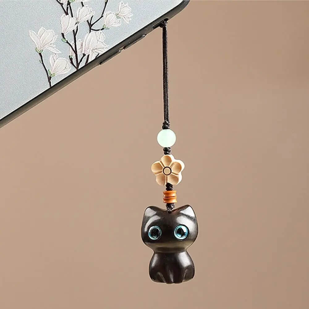 Lucky Whisker Sandalwood Cat Keychain with Flower Charm