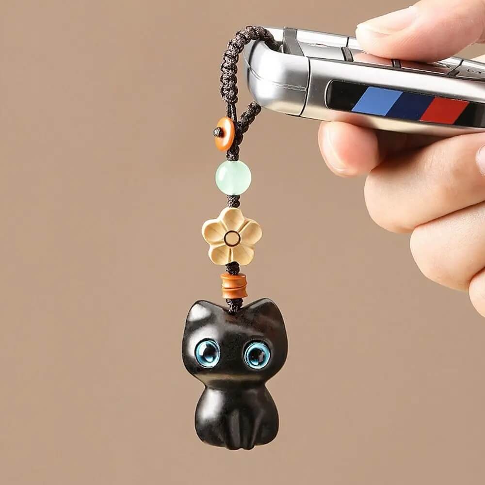 Sandalwood Cat Keychain with Beaded Flower Charm