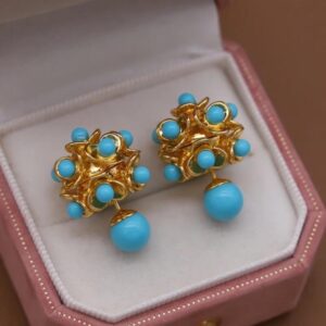 14K Gold Plated Blue Bead Floral Front Back Earrings
