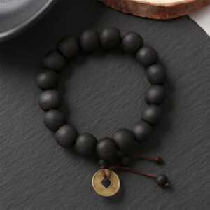 Black Wood Bead Bracelet with Qianlong Coin Charm