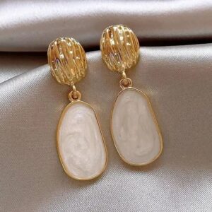 White Enamel Pebble Drop Earrings with Grooved Gold Tone Studs