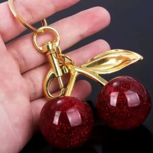Cherry Keychain and Bag Charm with Gold Tone Leaf and Swivel Clasp