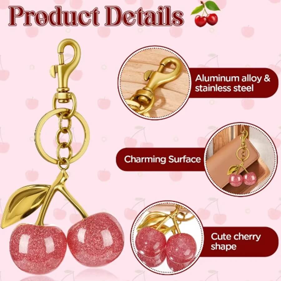 Double Cherry Keychain and Bag Charm with Gold Tone Leaf and Swivel Clasp