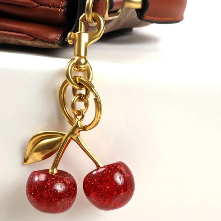 Glitter Cherry Keychain and Bag Charm with Gold Tone Leaf and Swivel Clasp
