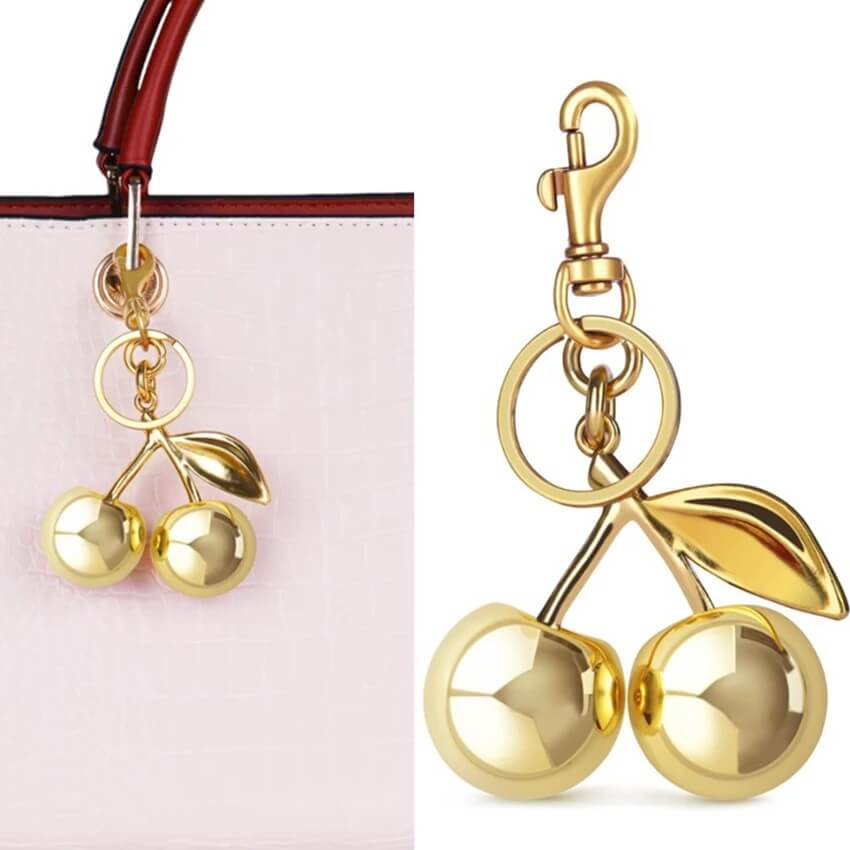 Glitter Cherry Keychain with Gold Tone Leaf and Swivel Clasp