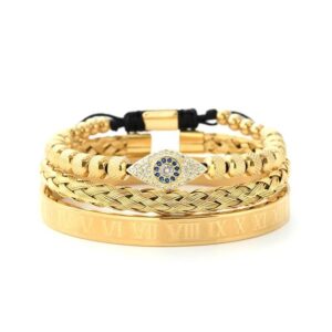Gold Stackable Evil Eye Beaded Bracelet with Roman Numeral Cuff