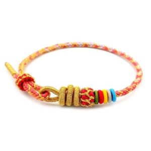 Multicolor Braided Cotton Cord Bracelet with Gold Thread Knots and Woven Bead