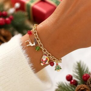 Christmas Charm Bracelet with Santa Claus Reindeer and Green Tree