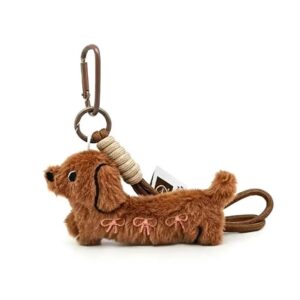 Coffee Plush Dachshund Dog Keychain with Bow Embroidery & Wrist Loop