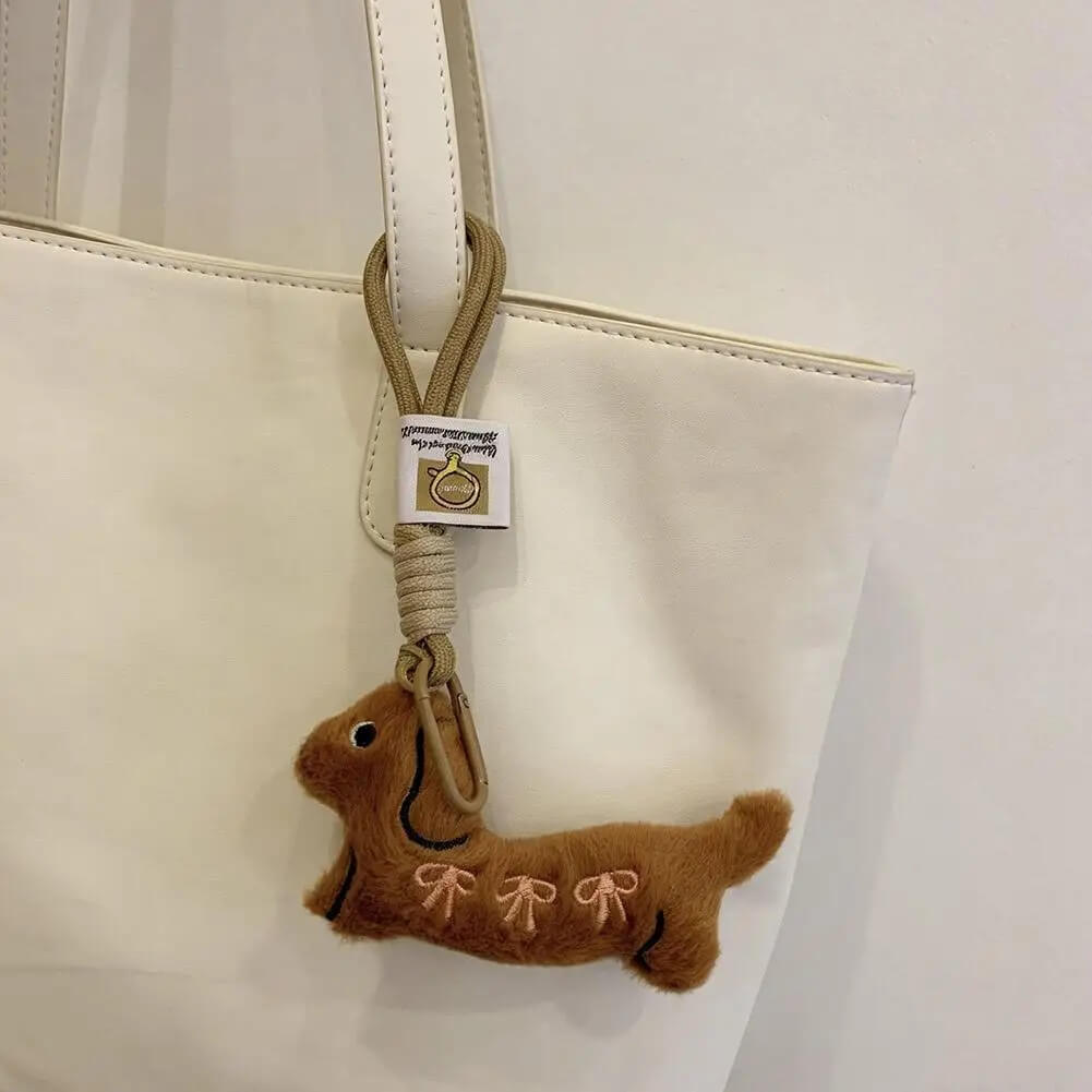 Dachshund Dog Keychain with Bow Embroidery & Wrist Loop