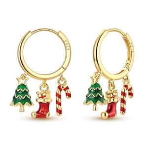 Gold Plated 925 Sterling Silver Christmas Charm Hoop Earrings