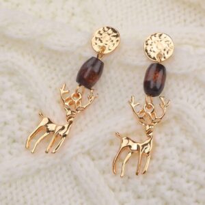 Gold Tone Christmas Reindeer Drop Earrings with Wooden Beads
