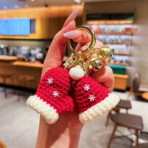 Handmade Crochet Christmas Hat and Mitten Keychain Set with Bells