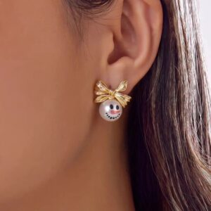Pearl Snowman Stud Earrings with Gold Tone Bow