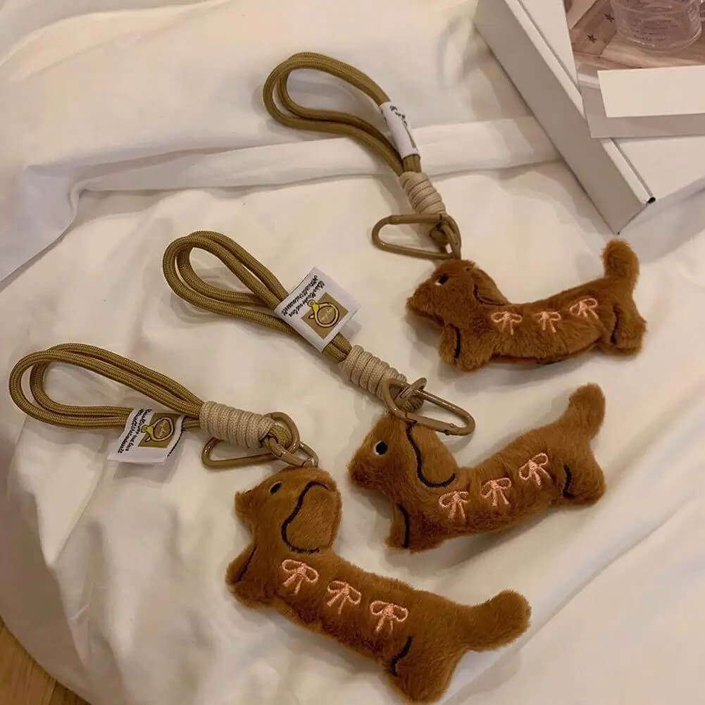 Plush Dachshund Dog Keychain with Bow Embroidery & Wrist Loop 1