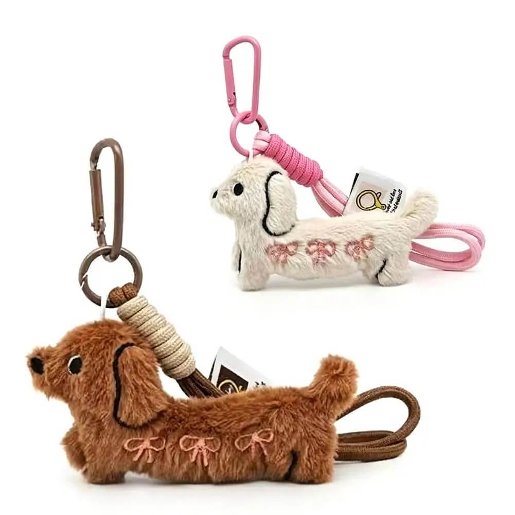 Plush Dachshund Dog Keychain with Bow Embroidery & Wrist Loop