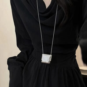 Silver Woven Mini Handbag Pendant Necklace with Long Snake Chain