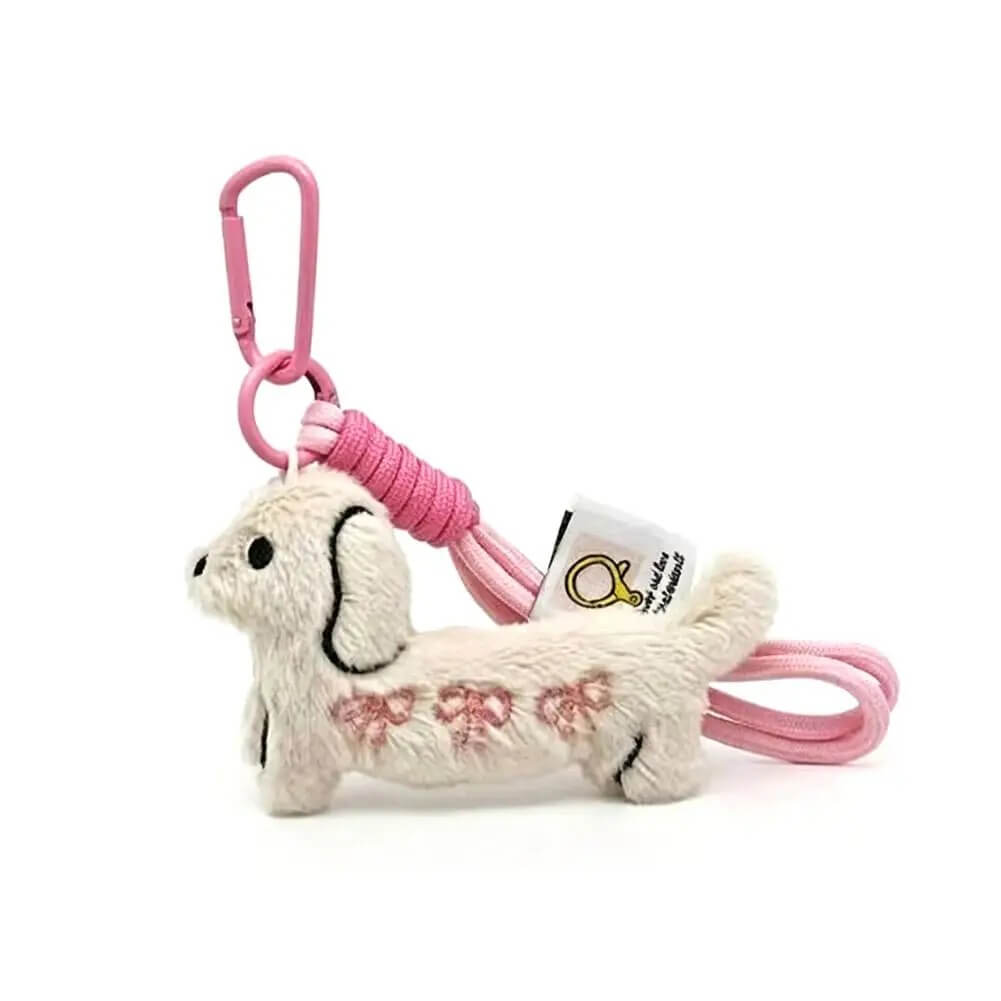 White Plush Dachshund Dog Keychain with Bow Embroidery & Wrist Loop